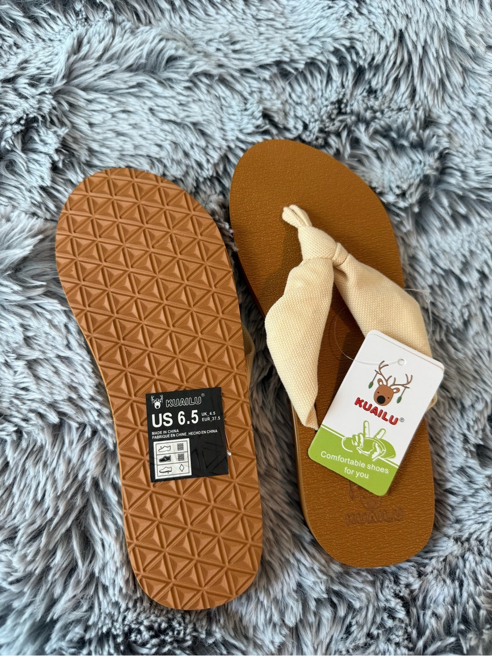 KUAILU Beige Twist Strap Flip Flop Sandals